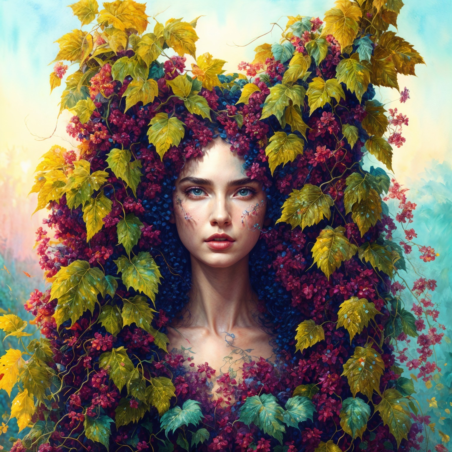 Portrait of a Young Woman Amidst Lush Foliage and Grapes