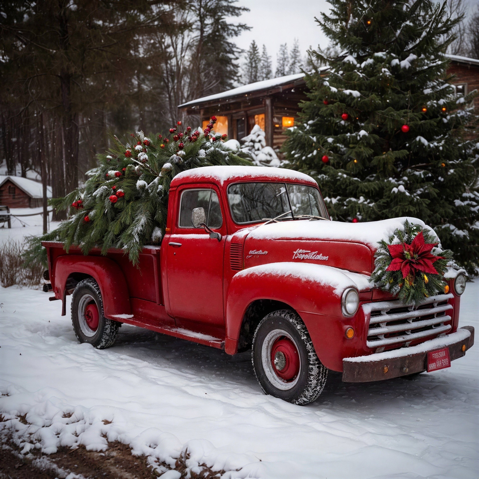 Red Pickup Truck with Christmas Tree in Snowy Landscape