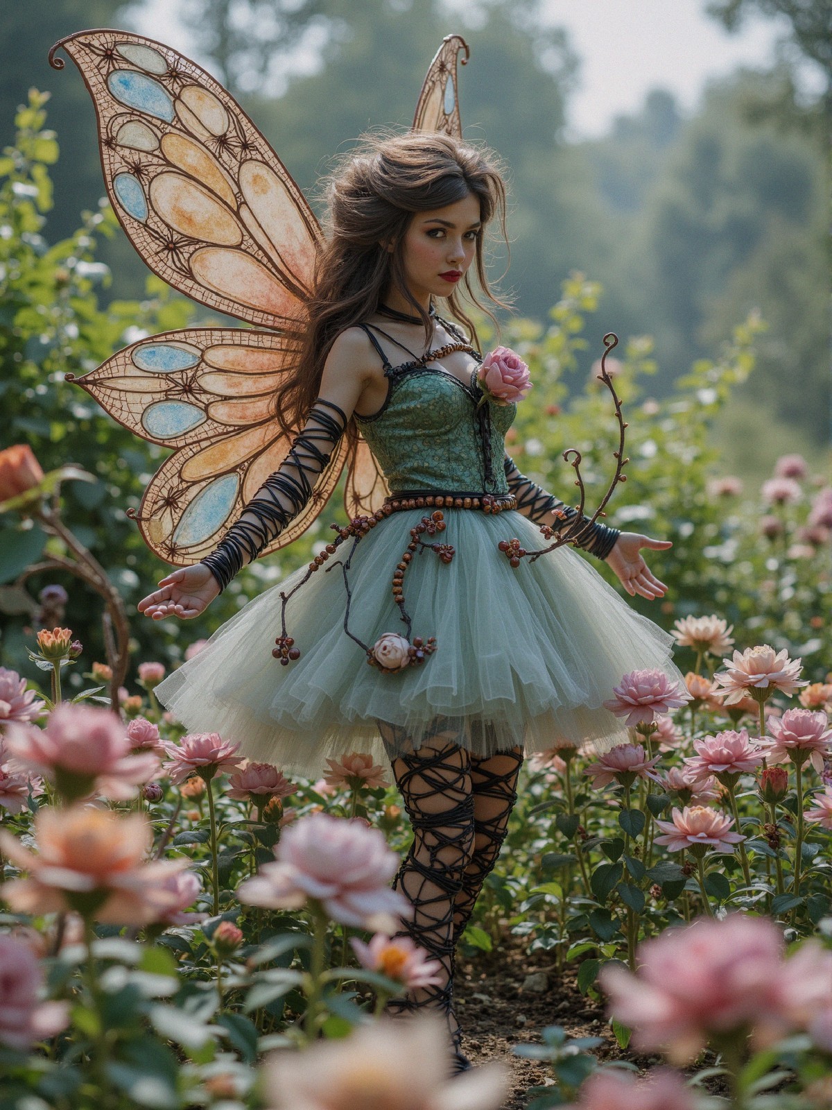 Fairy in Vibrant Garden with Colorful Wings and Flowers