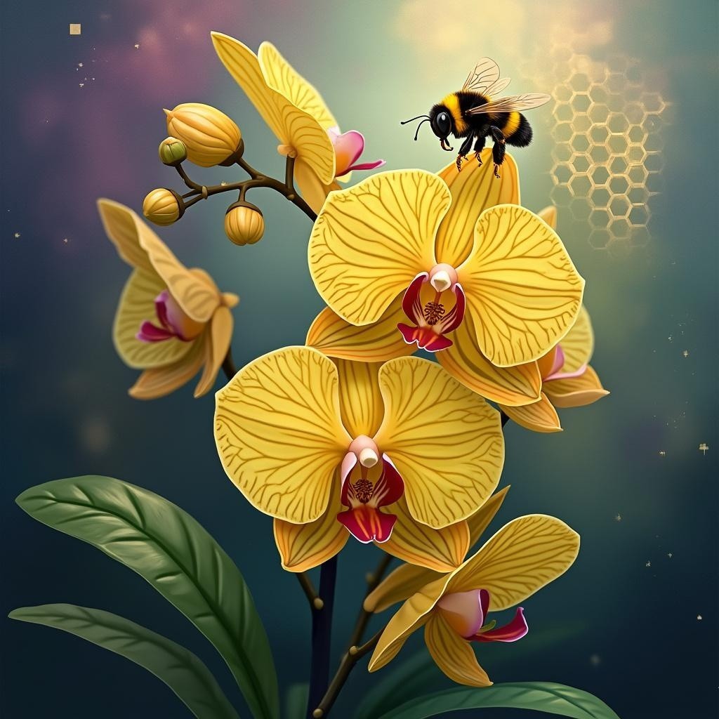 Close-up of a yellow orchid with a hovering bee