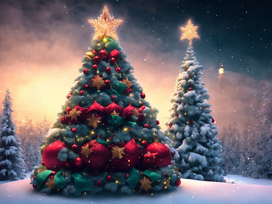 Photorealistic Winter Scene with Christmas Trees and Snow