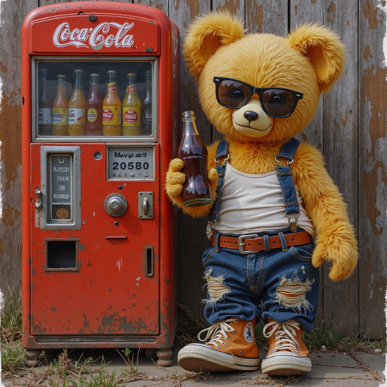 Cheerful Teddy Bear with Vintage Coca-Cola Machine
