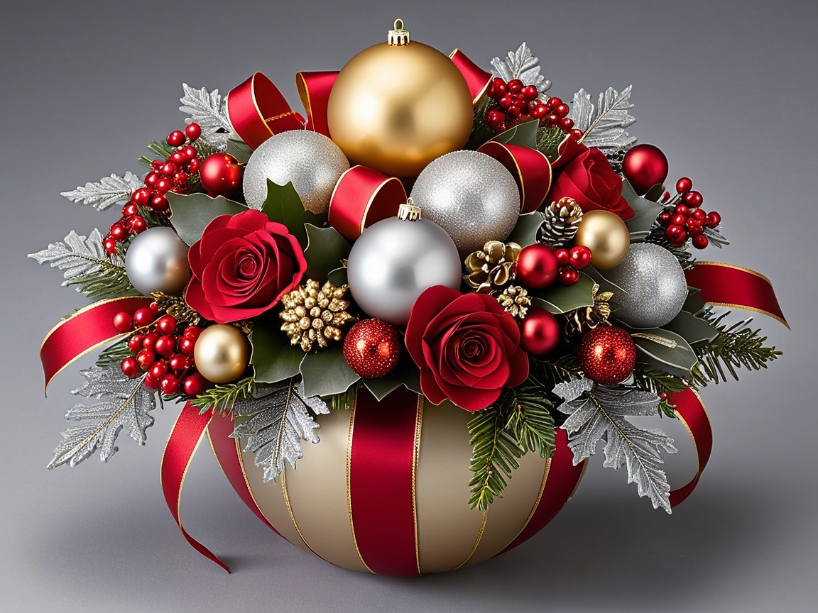 Holiday Centerpiece with Red Roses and Ornaments
