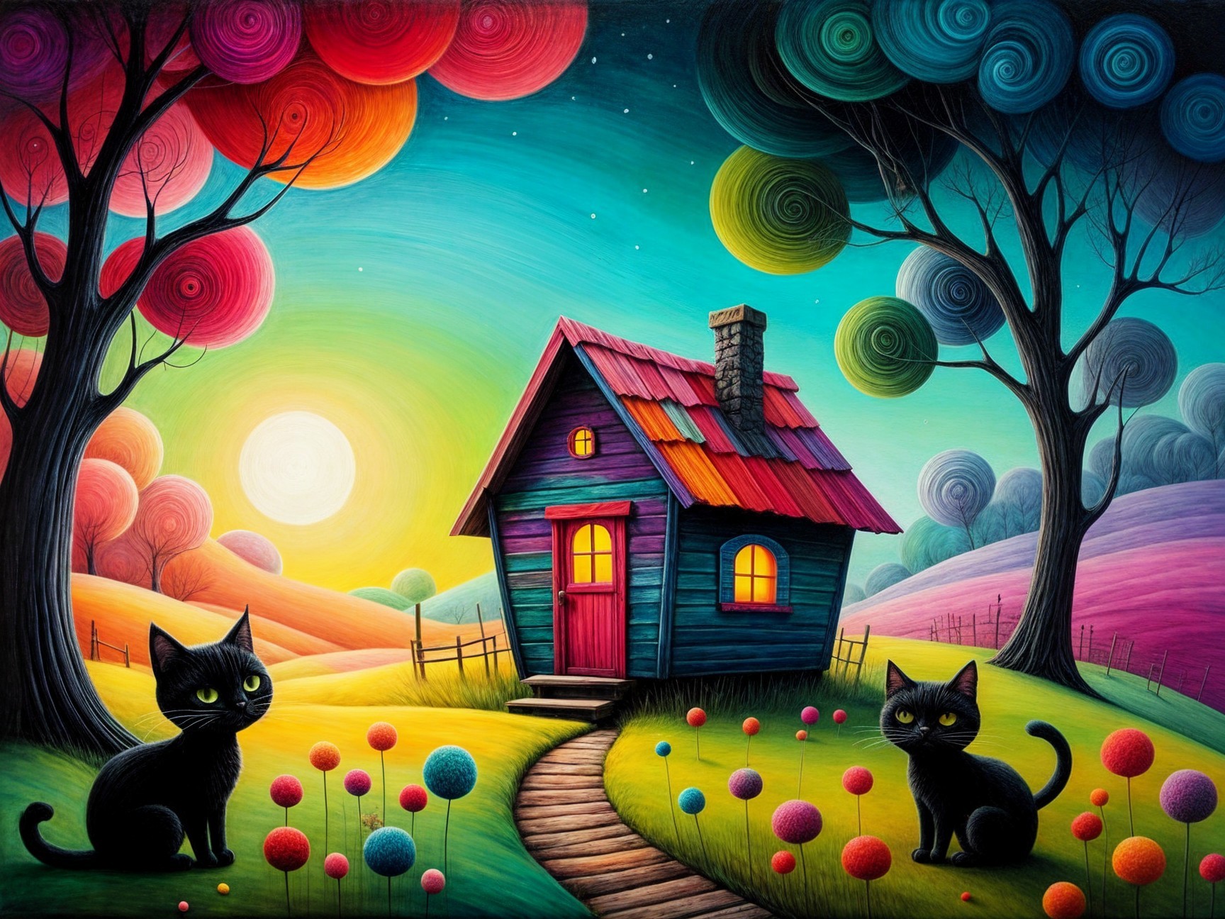 Whimsical Landscape with Colorful Sky and Cozy House