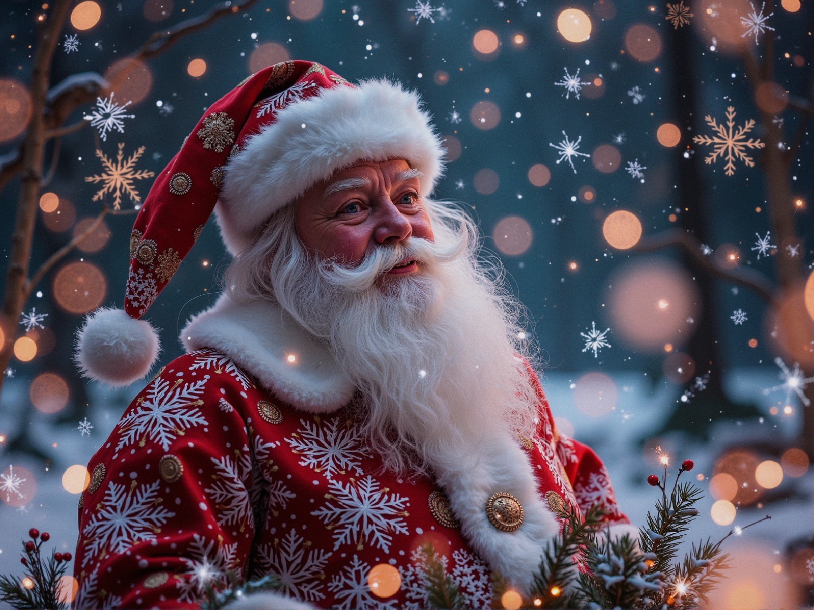 Santa Claus in a snowy landscape with festive details