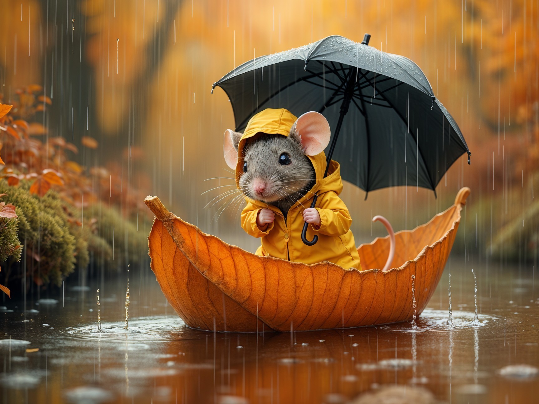 Mouse in Raincoat on Leaf Boat in Autumn Rain