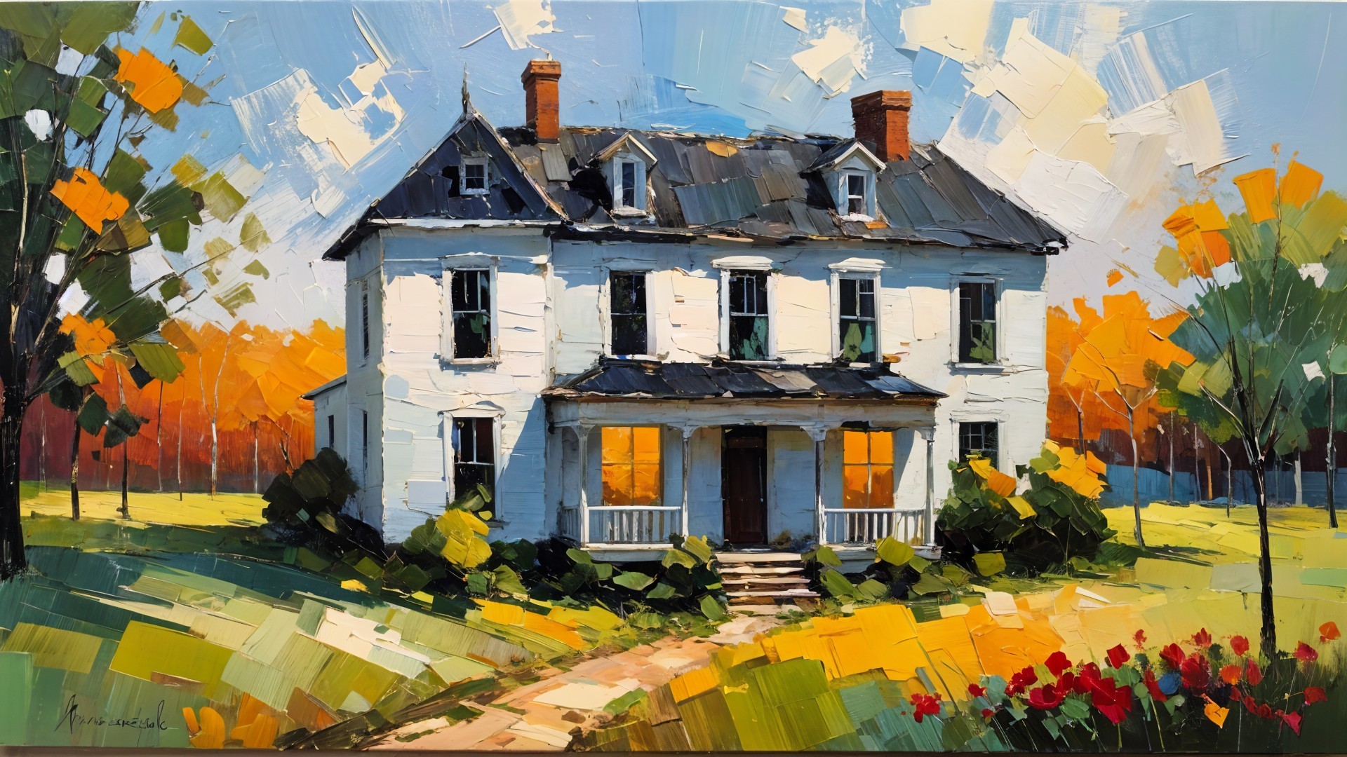 White Farmhouse Surrounded by Colorful Autumn Trees
