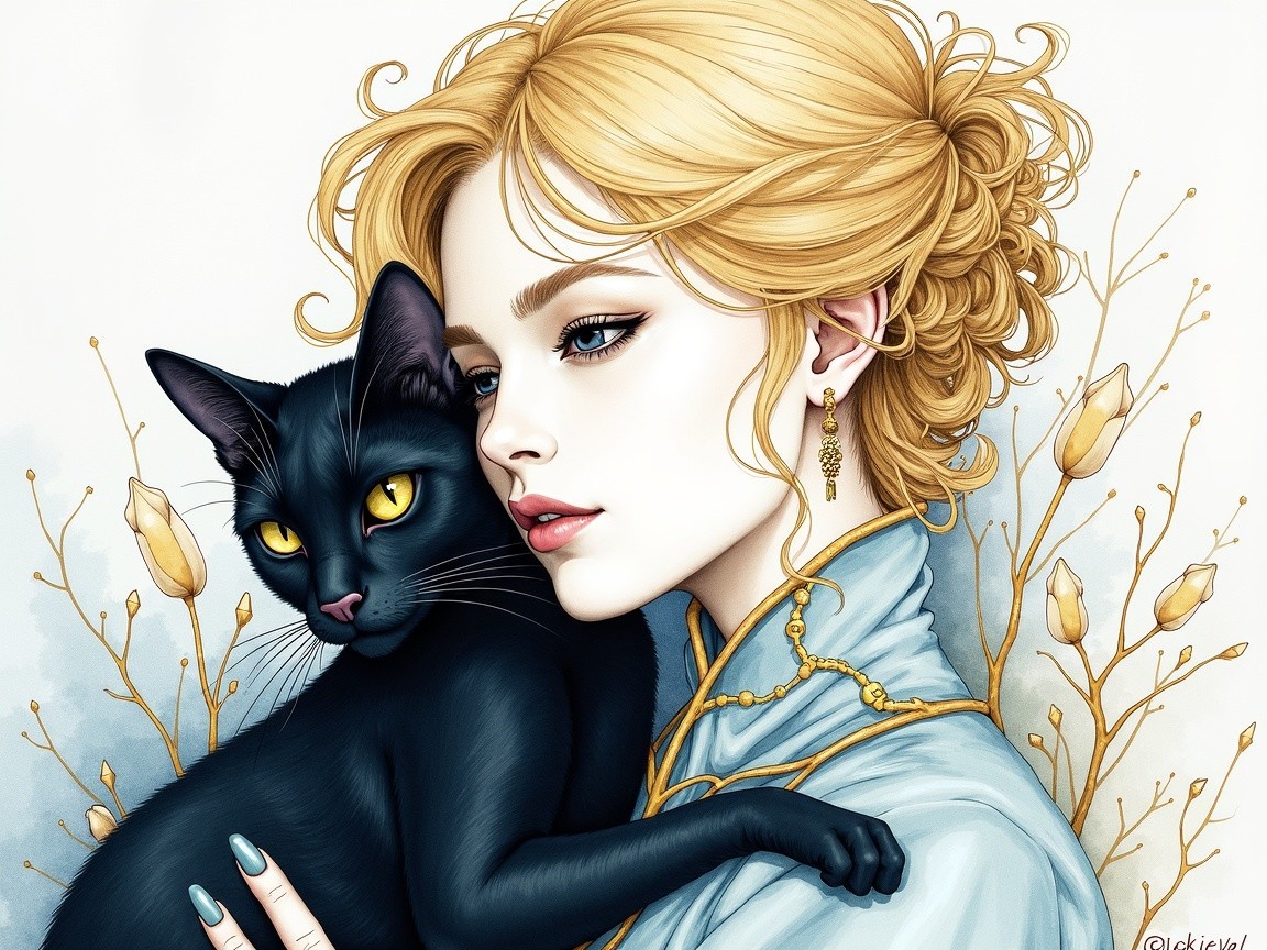 Portrait of Woman with Cat and Elegant Gold Accents