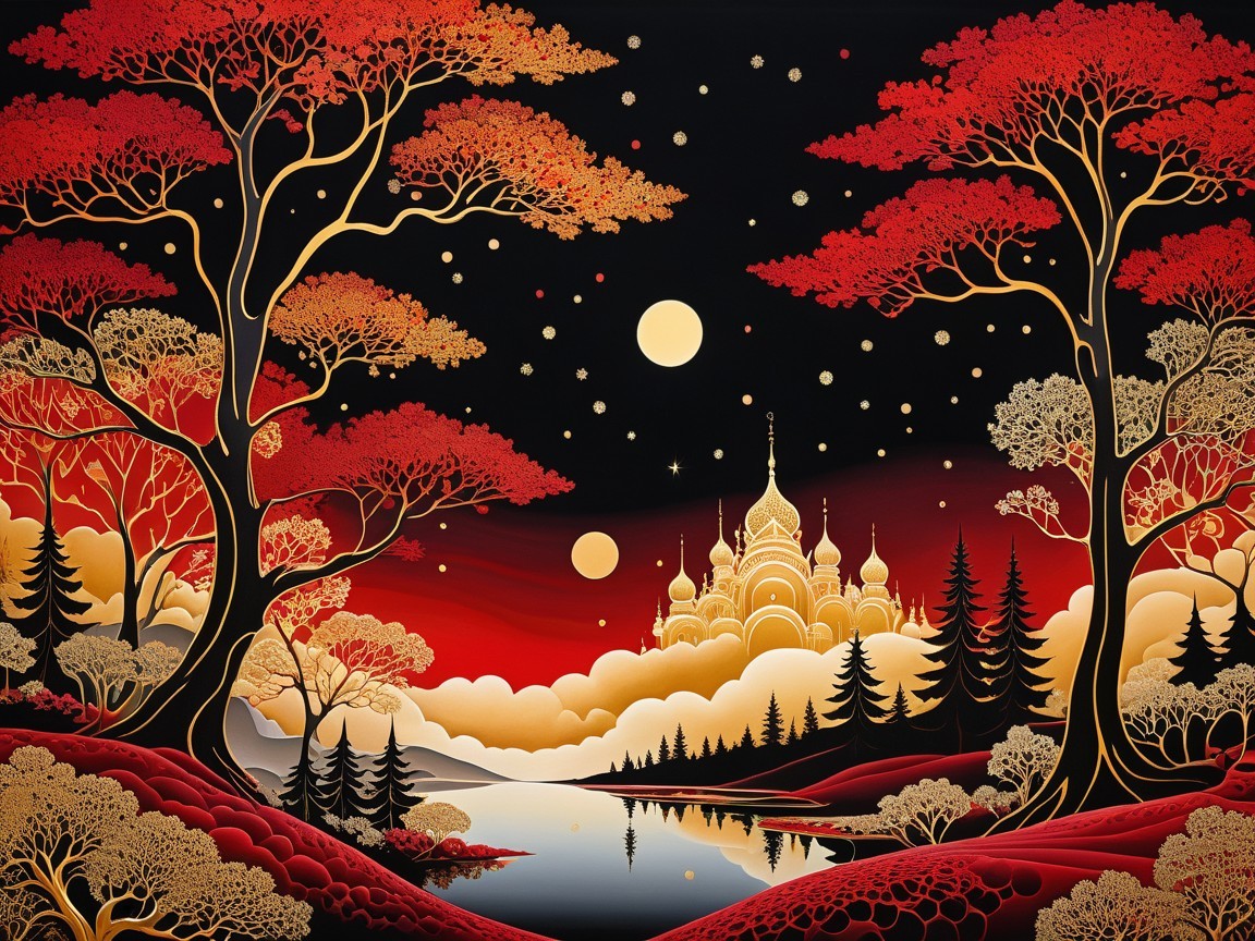 Serene landscape with silhouetted trees and glowing castle
