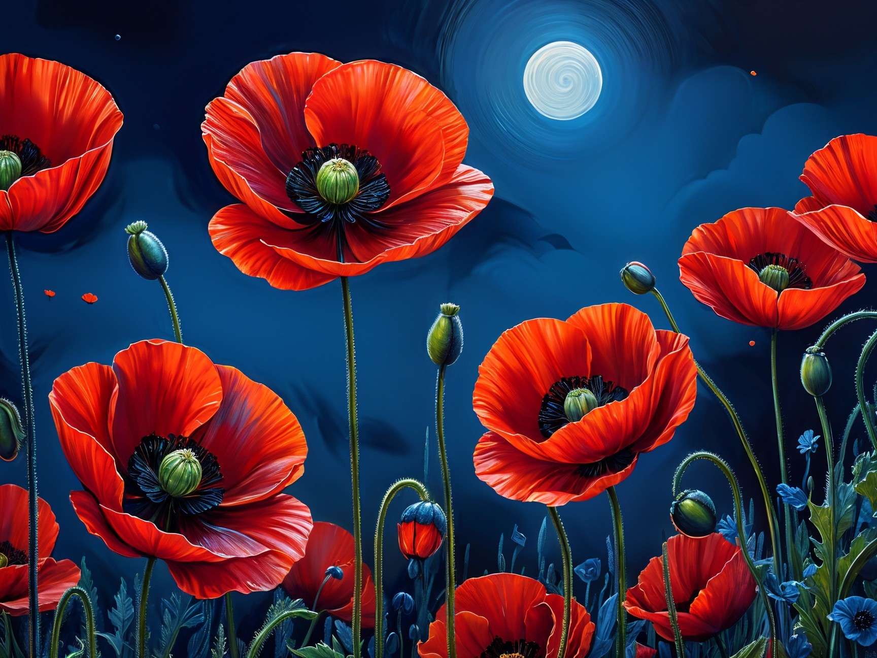 Vibrant Red Poppies Under a Bright Full Moon