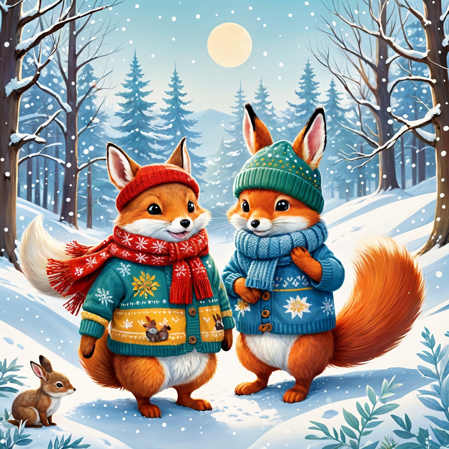 Foxes in Winter Sweaters in a Snowy Forest Scene