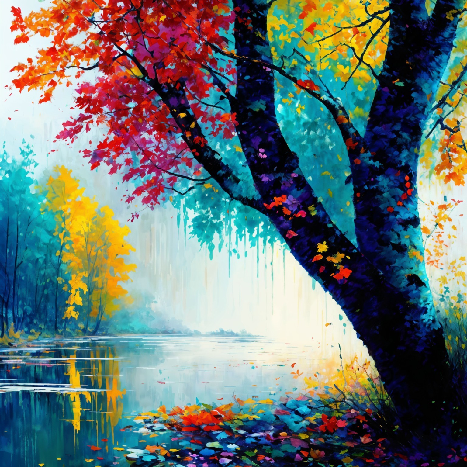 Vibrant Autumn Landscape with Serene River and Tree