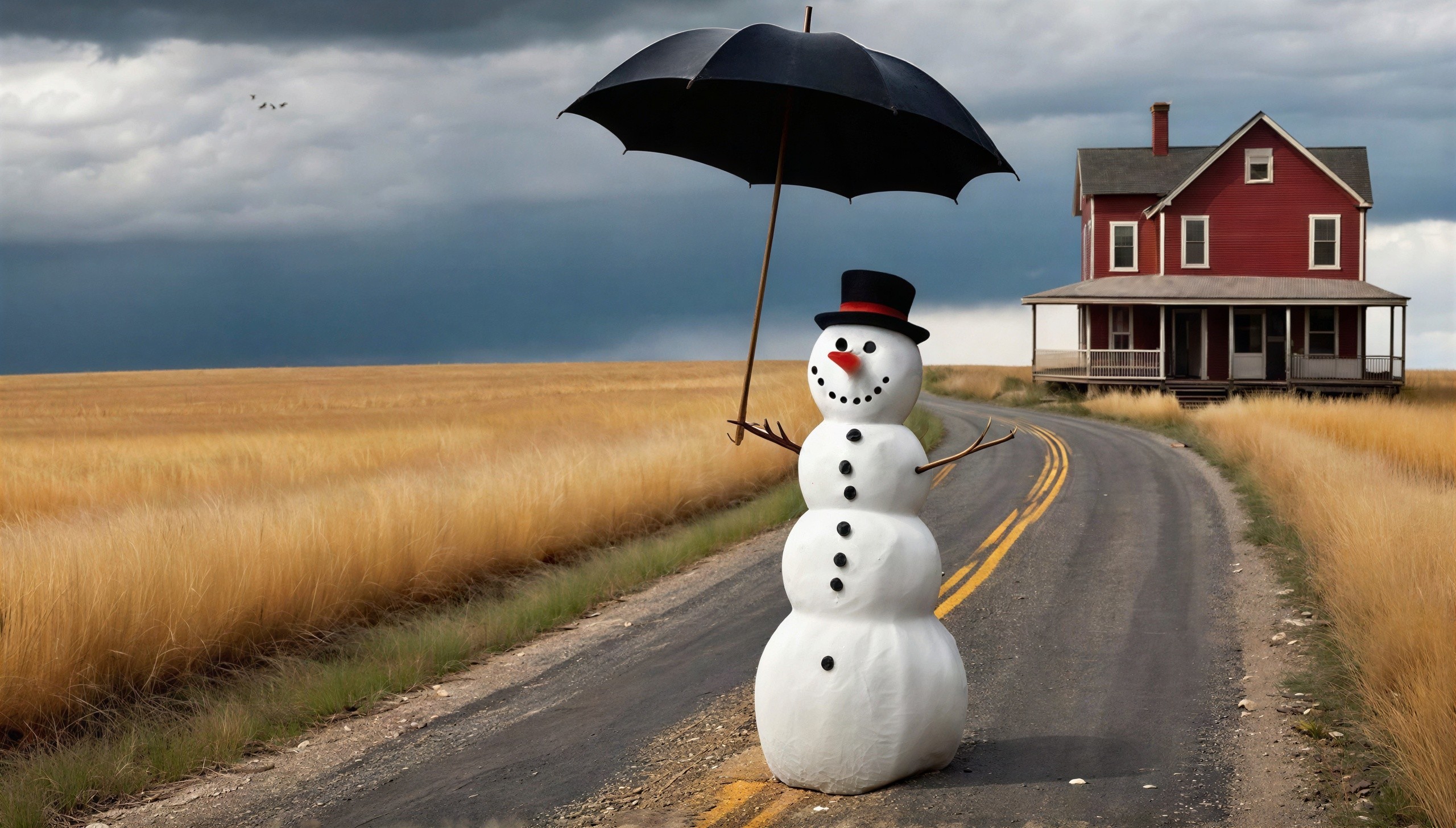 Snowman on Winding Road Under Dramatic Sky