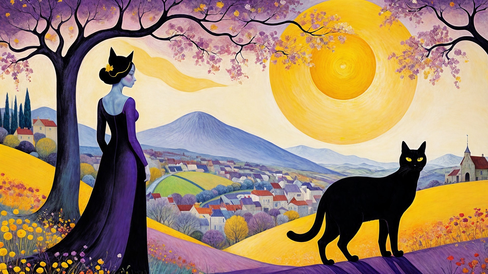 Serene Landscape with Woman, Cat, and Vibrant Sunset