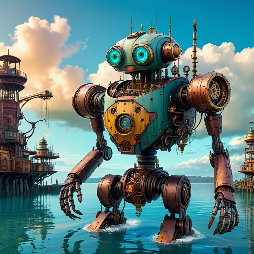 Whimsical Steampunk Robot in Enchanting Landscape