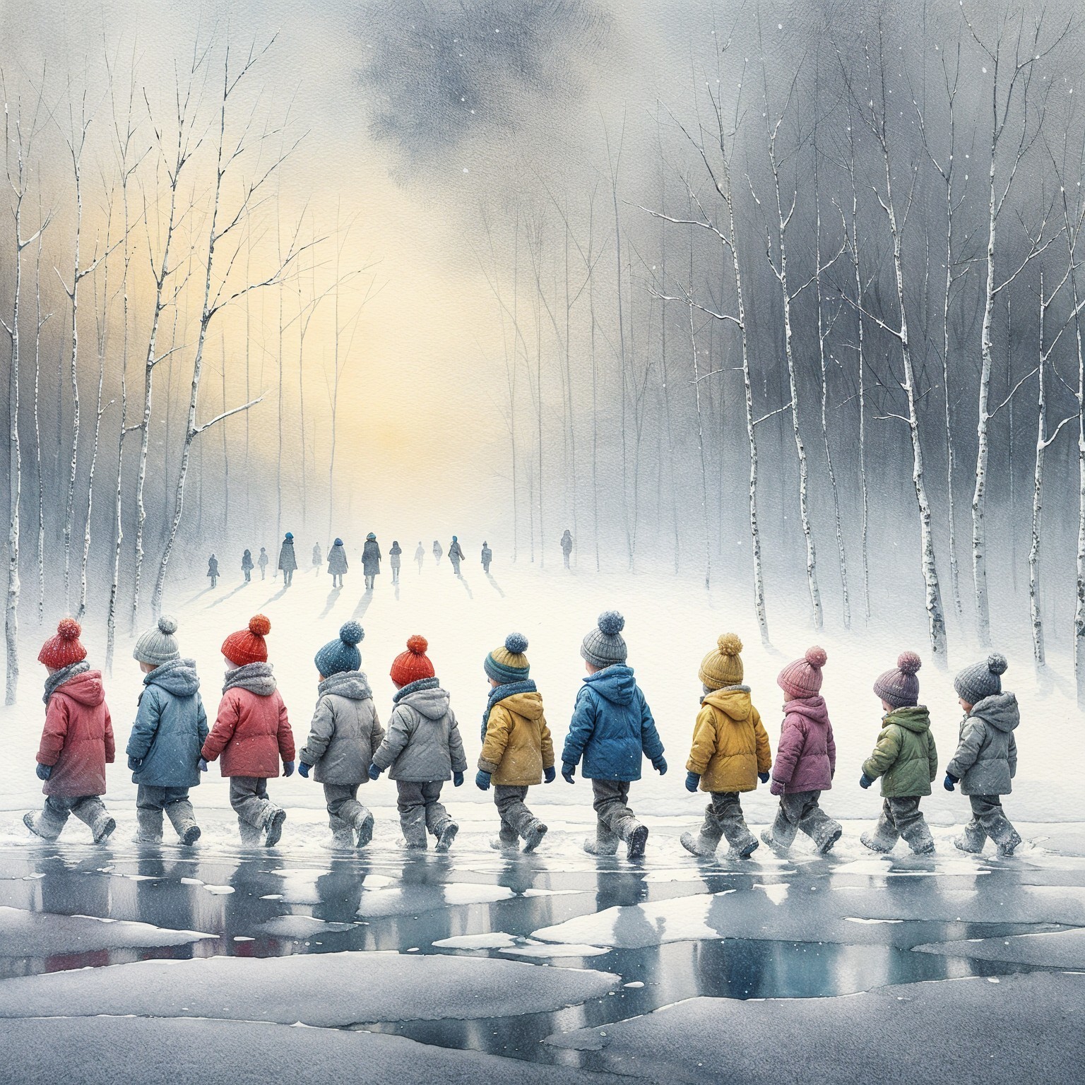 Children in Colorful Coats in a Snowy Landscape