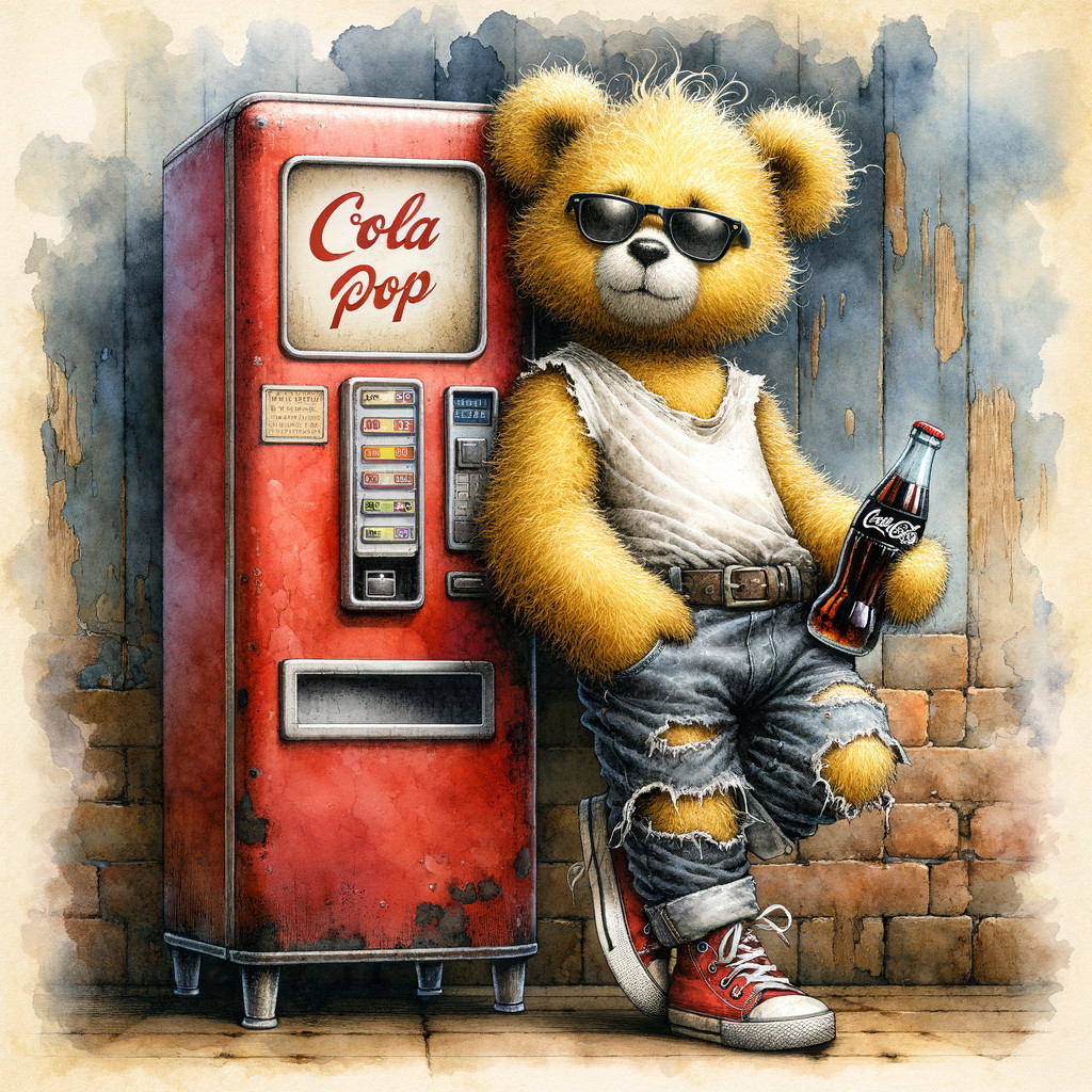 Anthropomorphic teddy bear by vintage cola vending machine