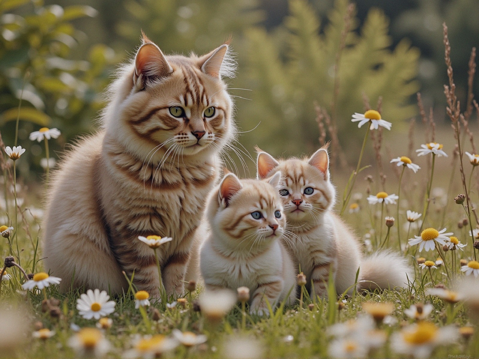 Fluffy golden-brown cat with playful kittens in meadow