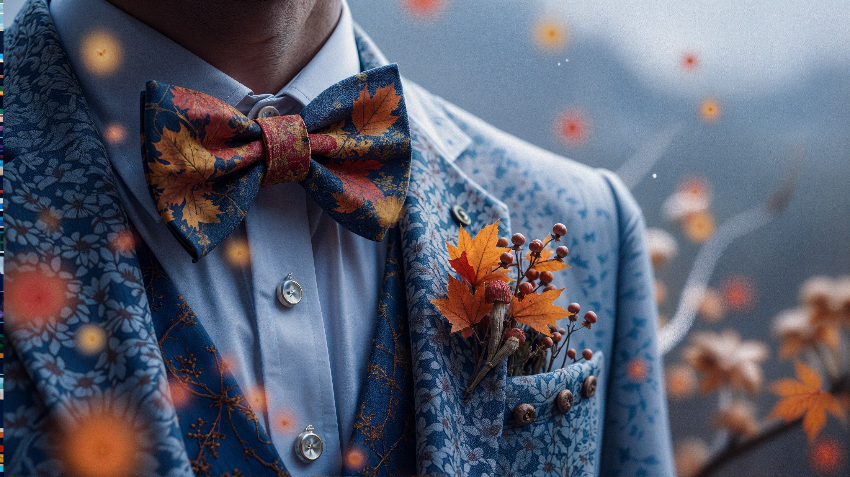 Dapper Individual in Floral Blue Suit and Bow Tie
