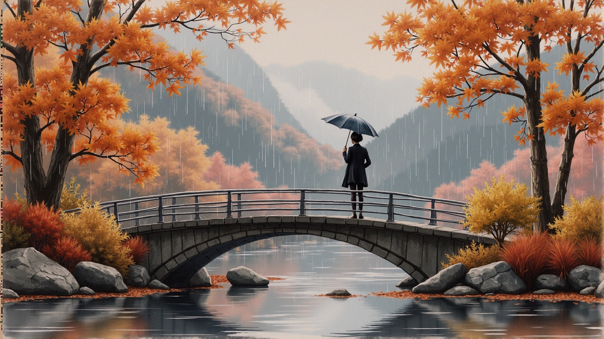 Serene Landscape with Stone Bridge and Autumn Colors