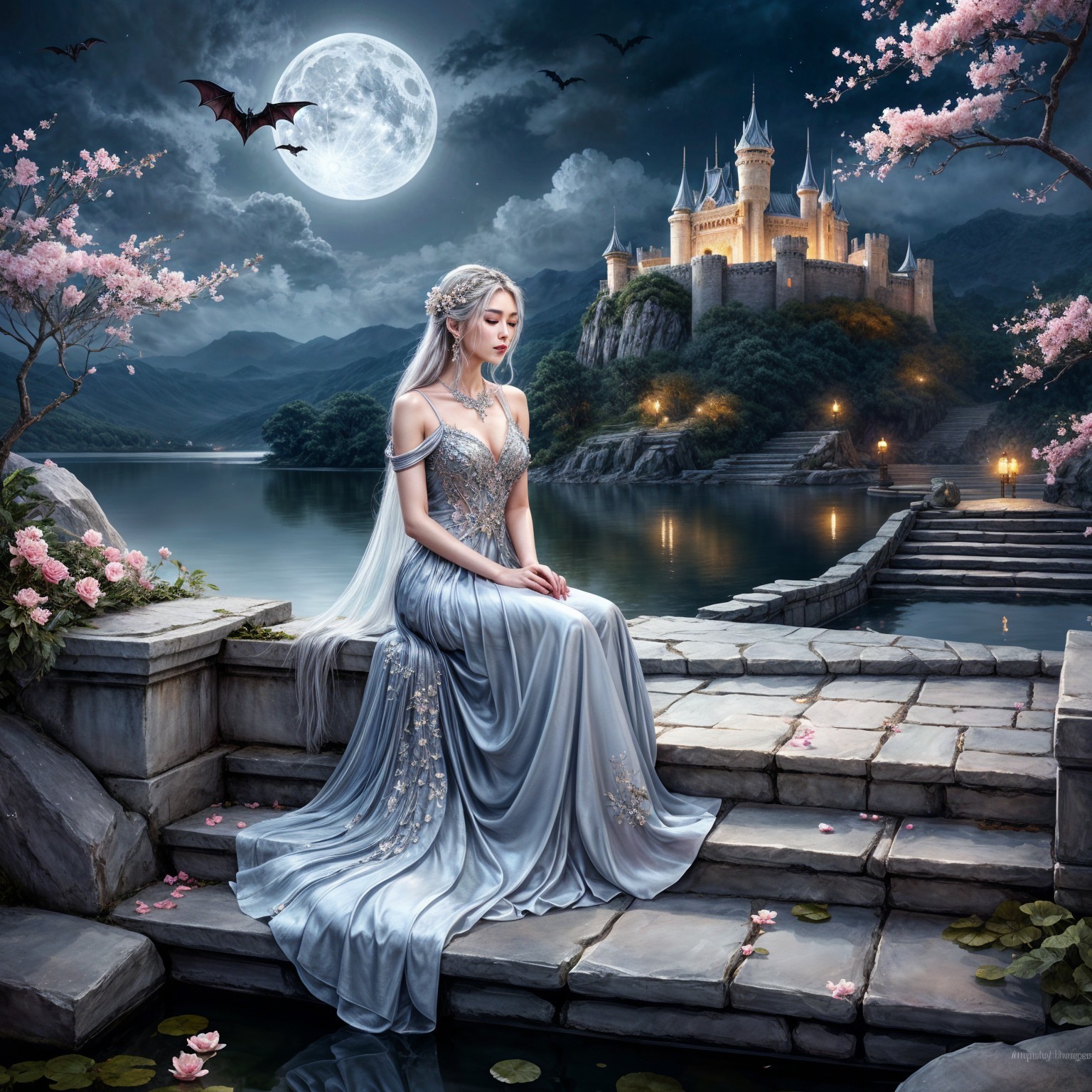 Moonlit Lake Scene with Woman and Castle Background