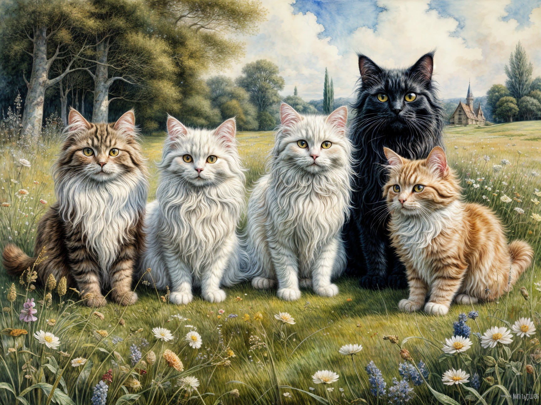 Majestic Cats in a Vibrant Meadow Landscape