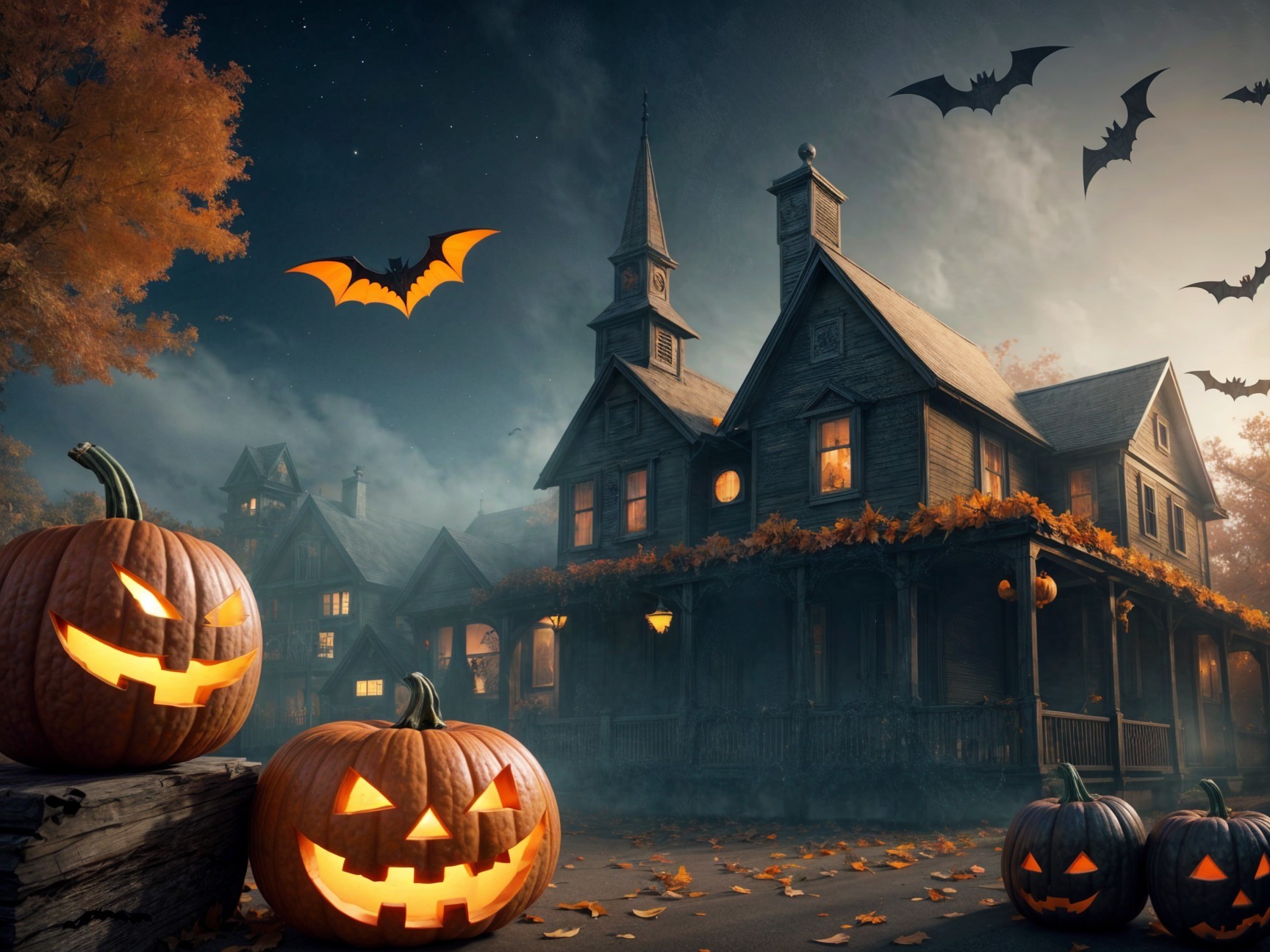 Eerie Victorian House Surrounded by Halloween Elements