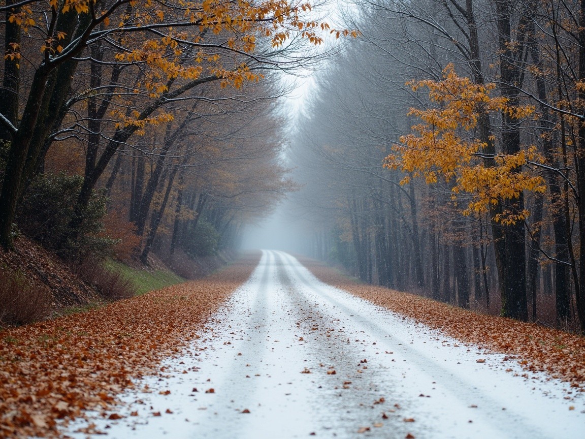 Misty Forest Road with Fallen Leaves and Snow