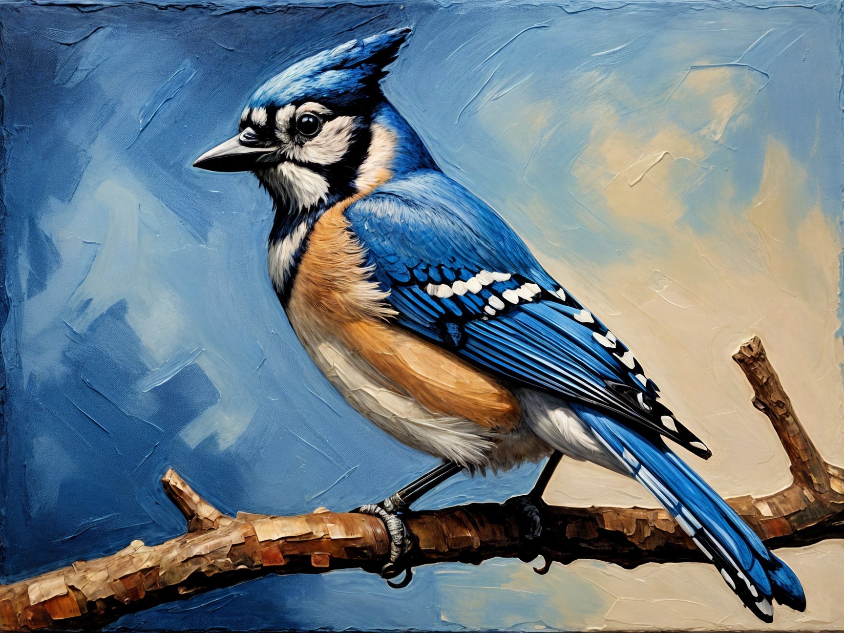 Vibrant Blue Jay on Textured Branch with Cloud Background