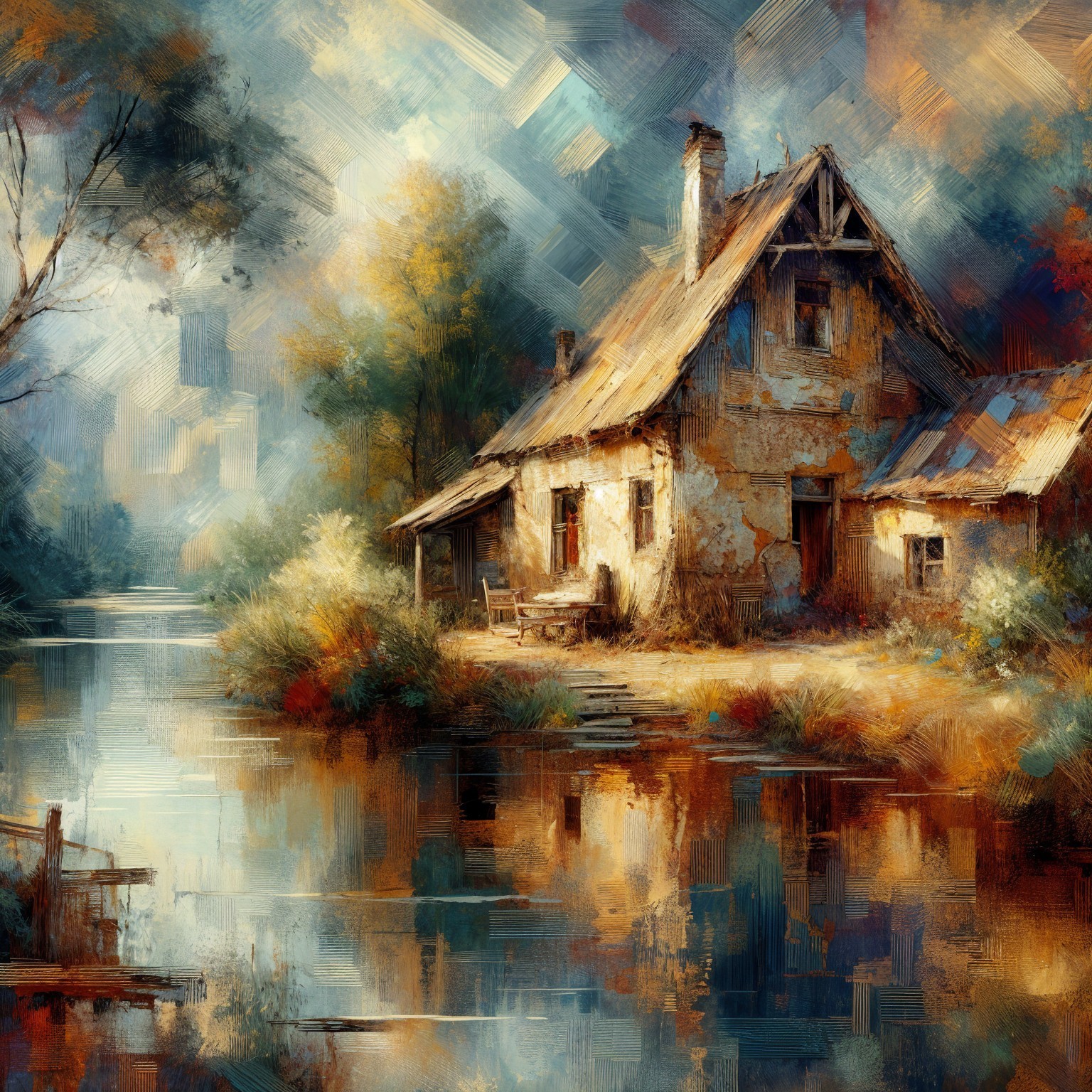 Rustic House by Serene River in Autumn Foliage