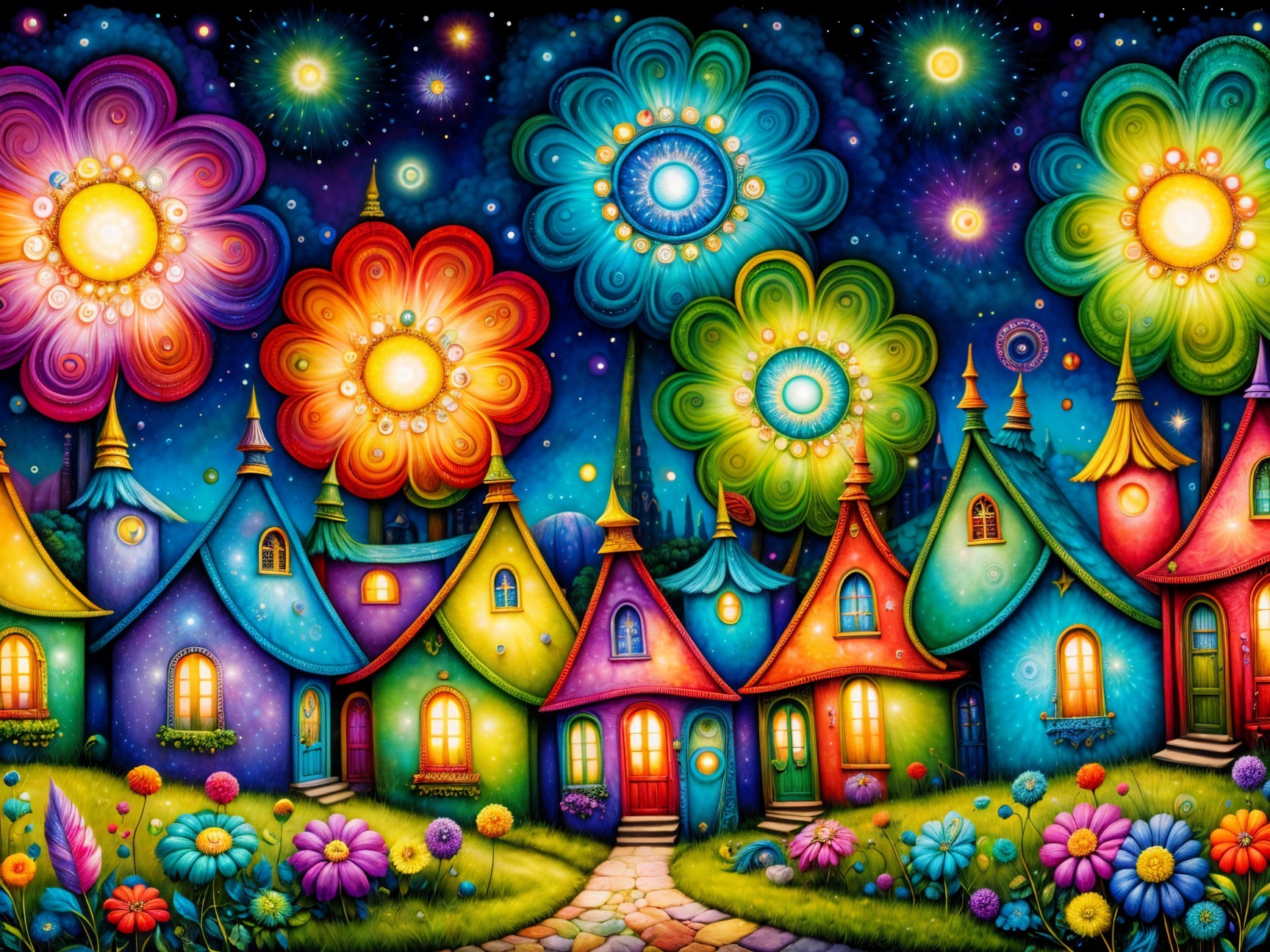 Whimsical Fairy-Tale Cottages in a Night Sky Landscape