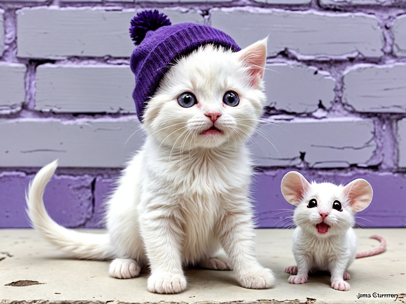 Fluffy White Kitten and Gray Mouse on Purple Bricks