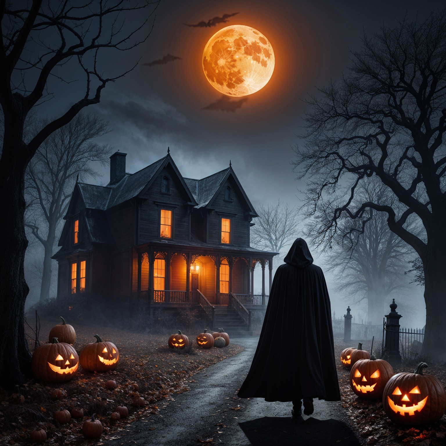 Haunting Victorian House with Eerie Moonlight and Pumpkins