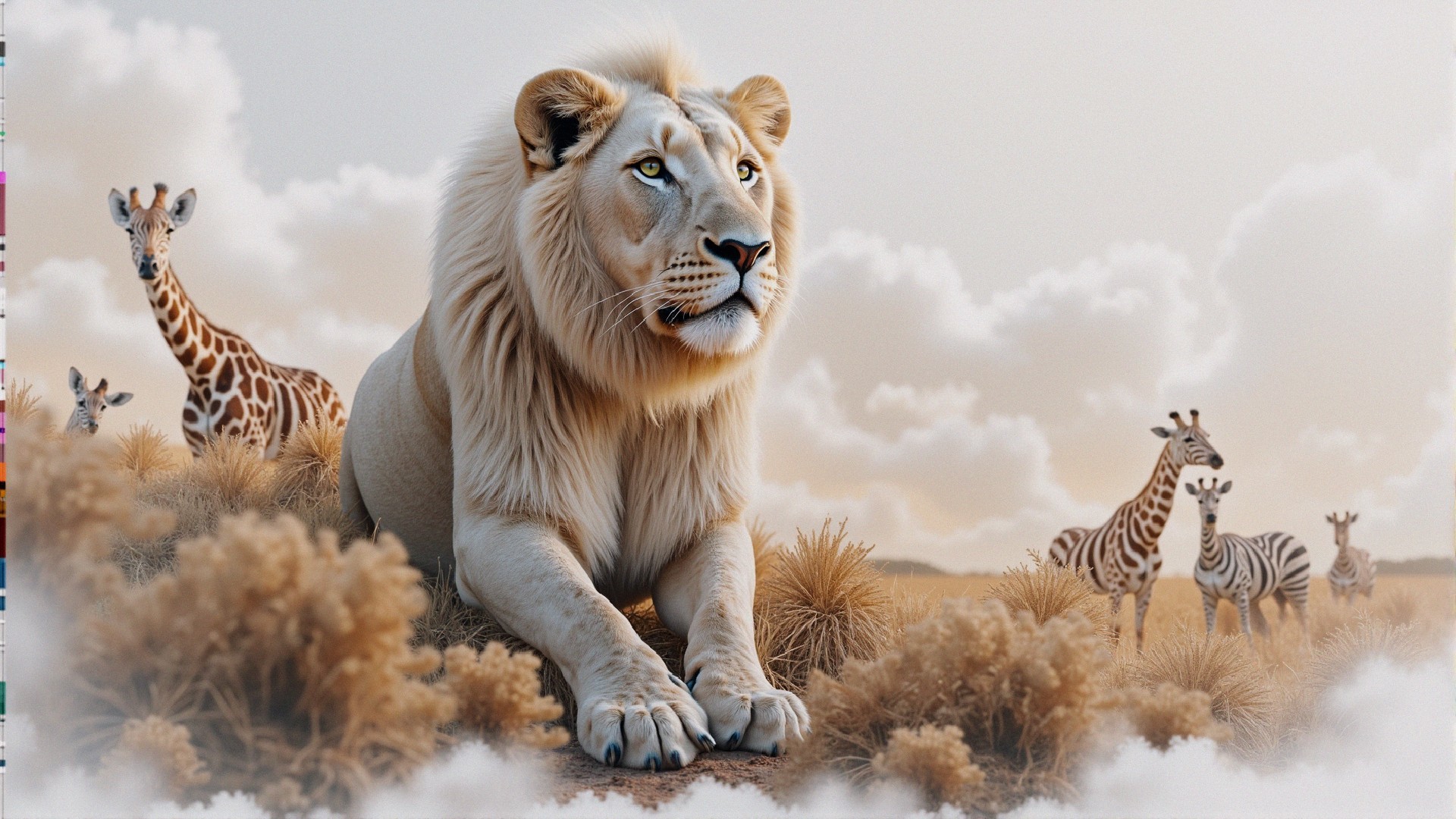White Lion in Serene Savanna with Giraffes and Zebras
