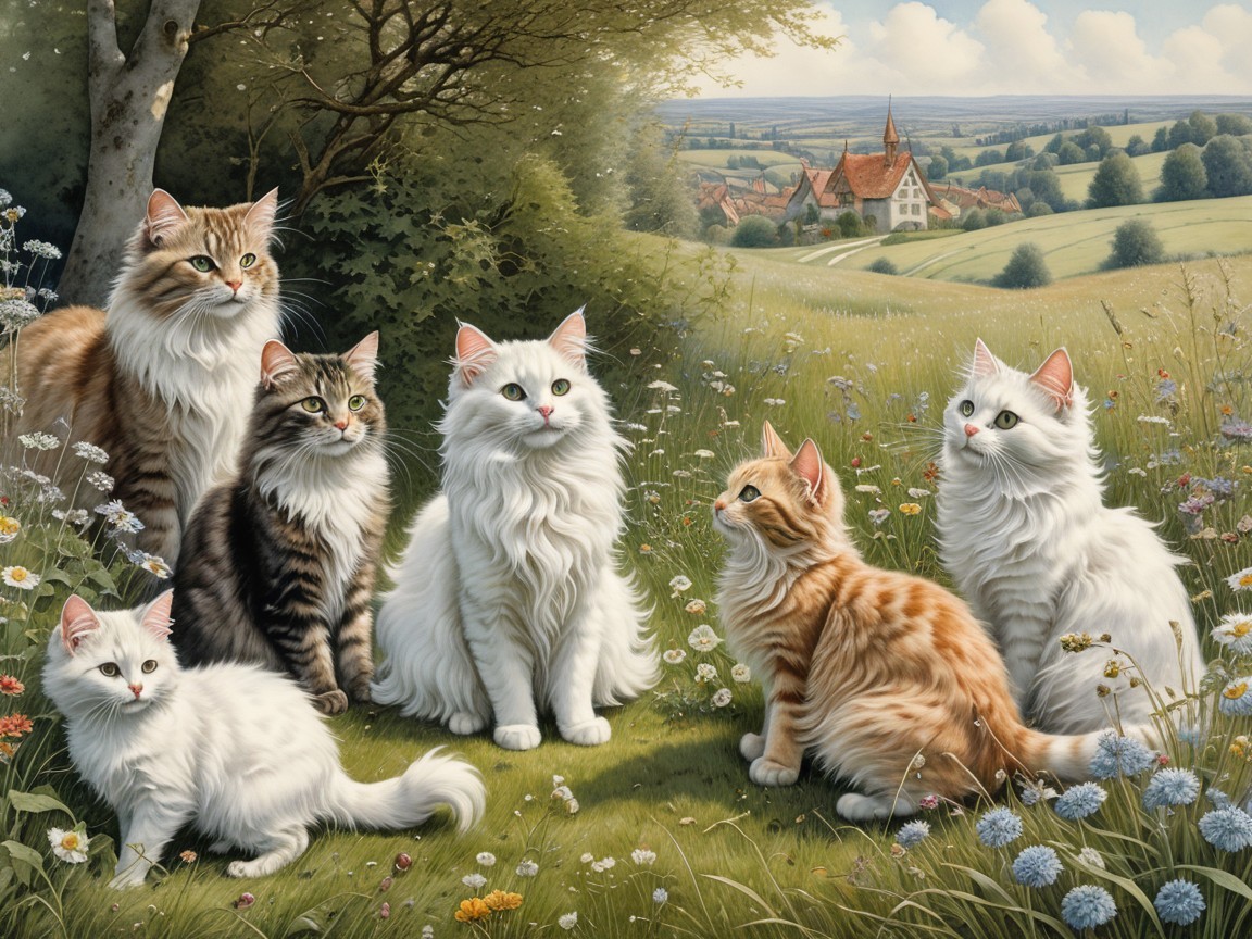 Six Cats in a Serene Meadow with Village Background