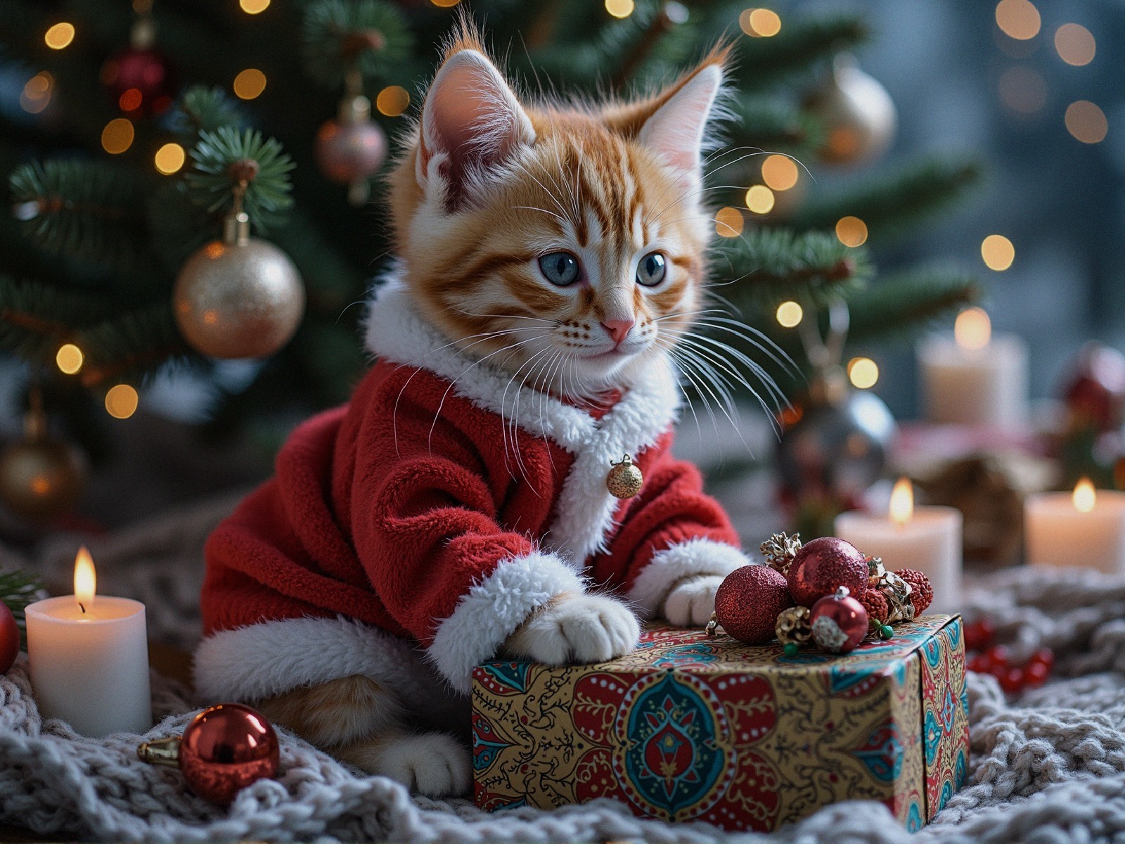 Fluffy Orange and White Tabby Kitten in Santa Suit
