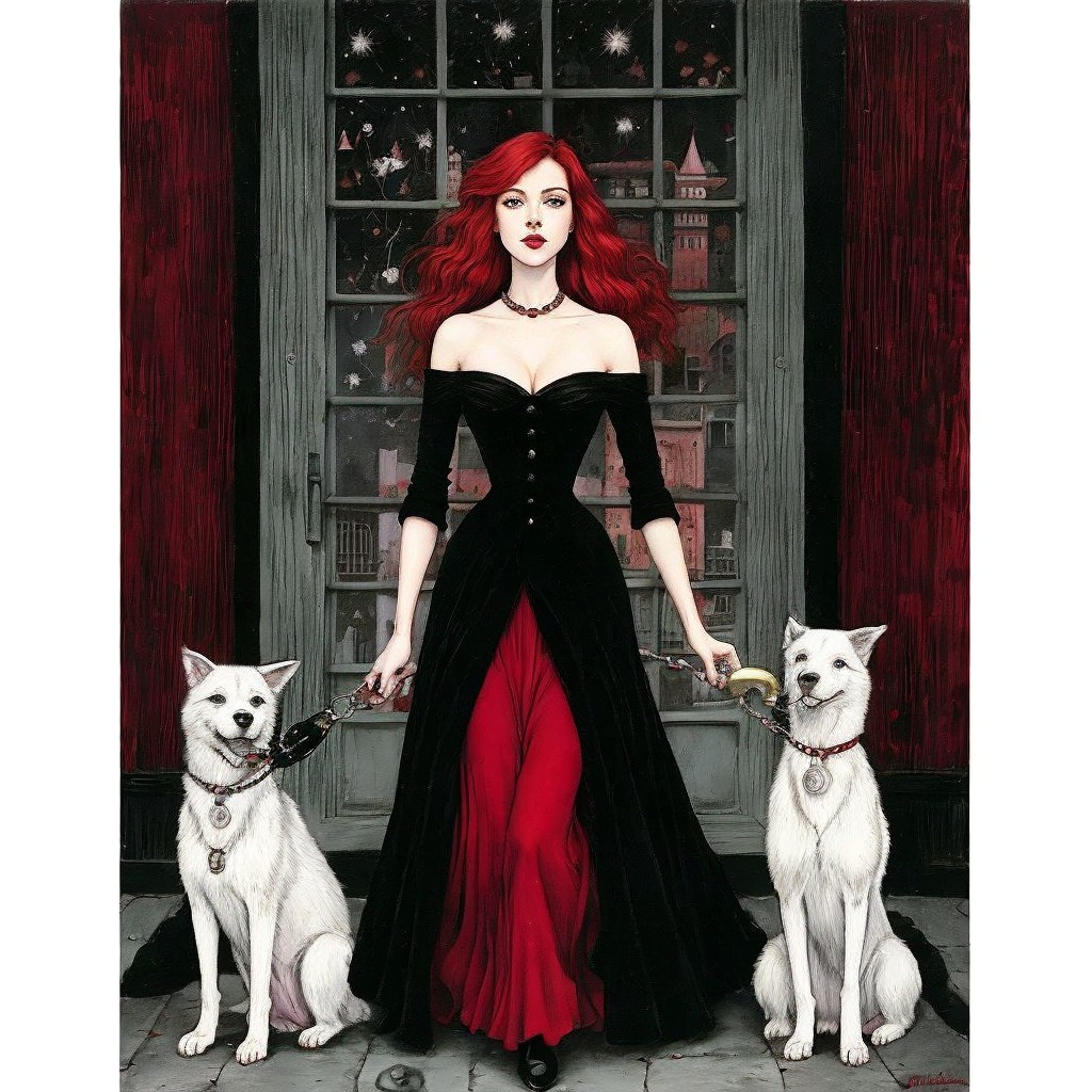 Gothic Figure in Black Gown with Red Skirt and Dogs