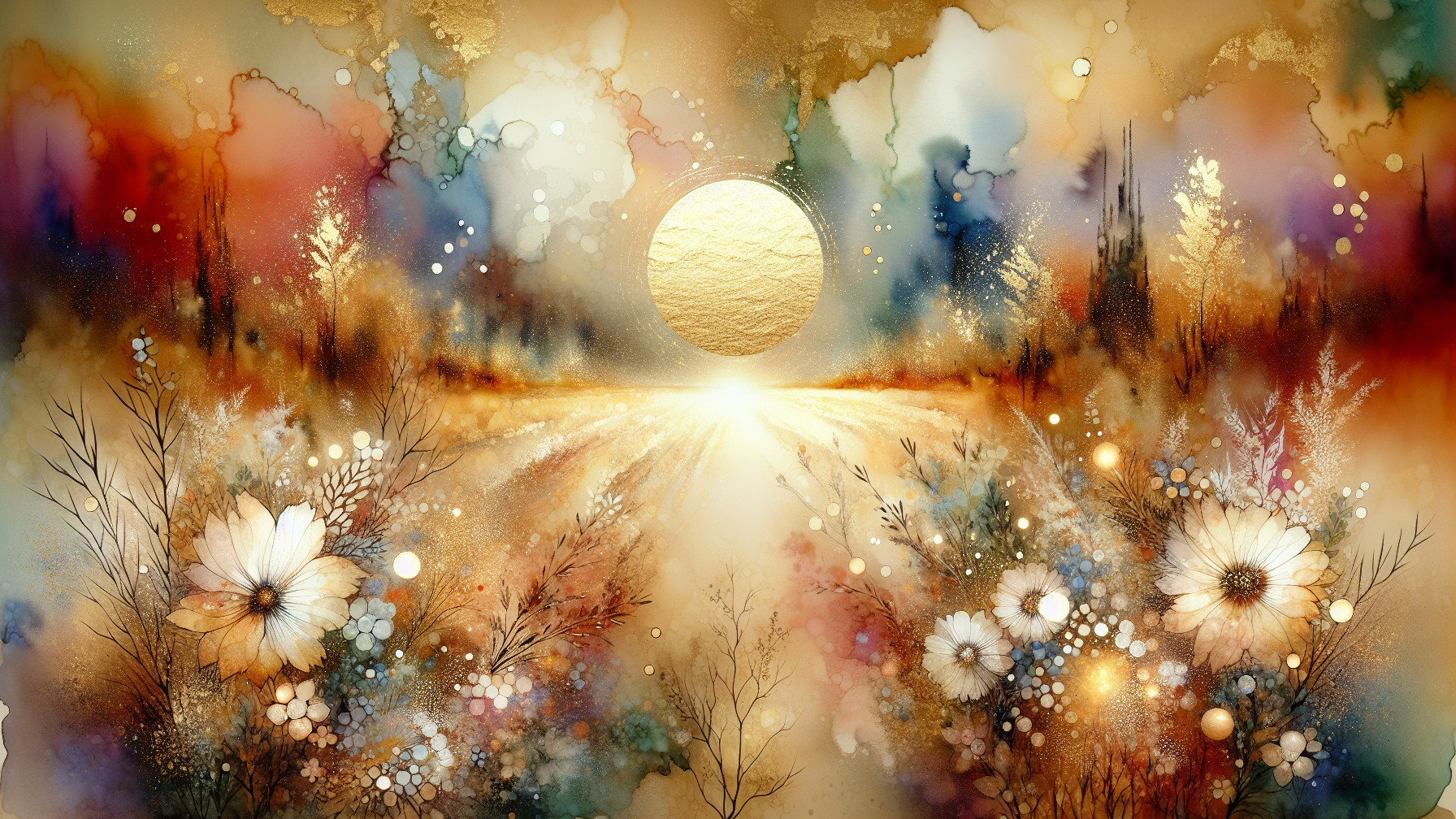 Vibrant Abstract Landscape with Golden Sun and Flowers