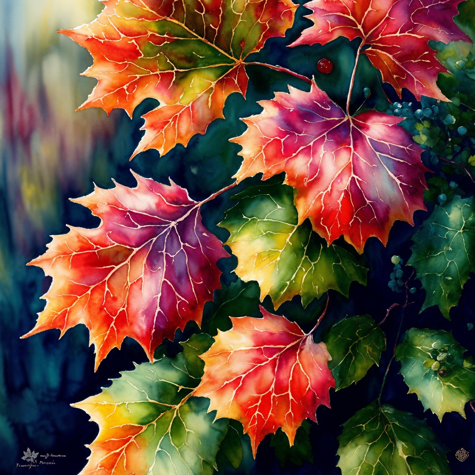 Vibrant Watercolor Painting of Autumn Leaves