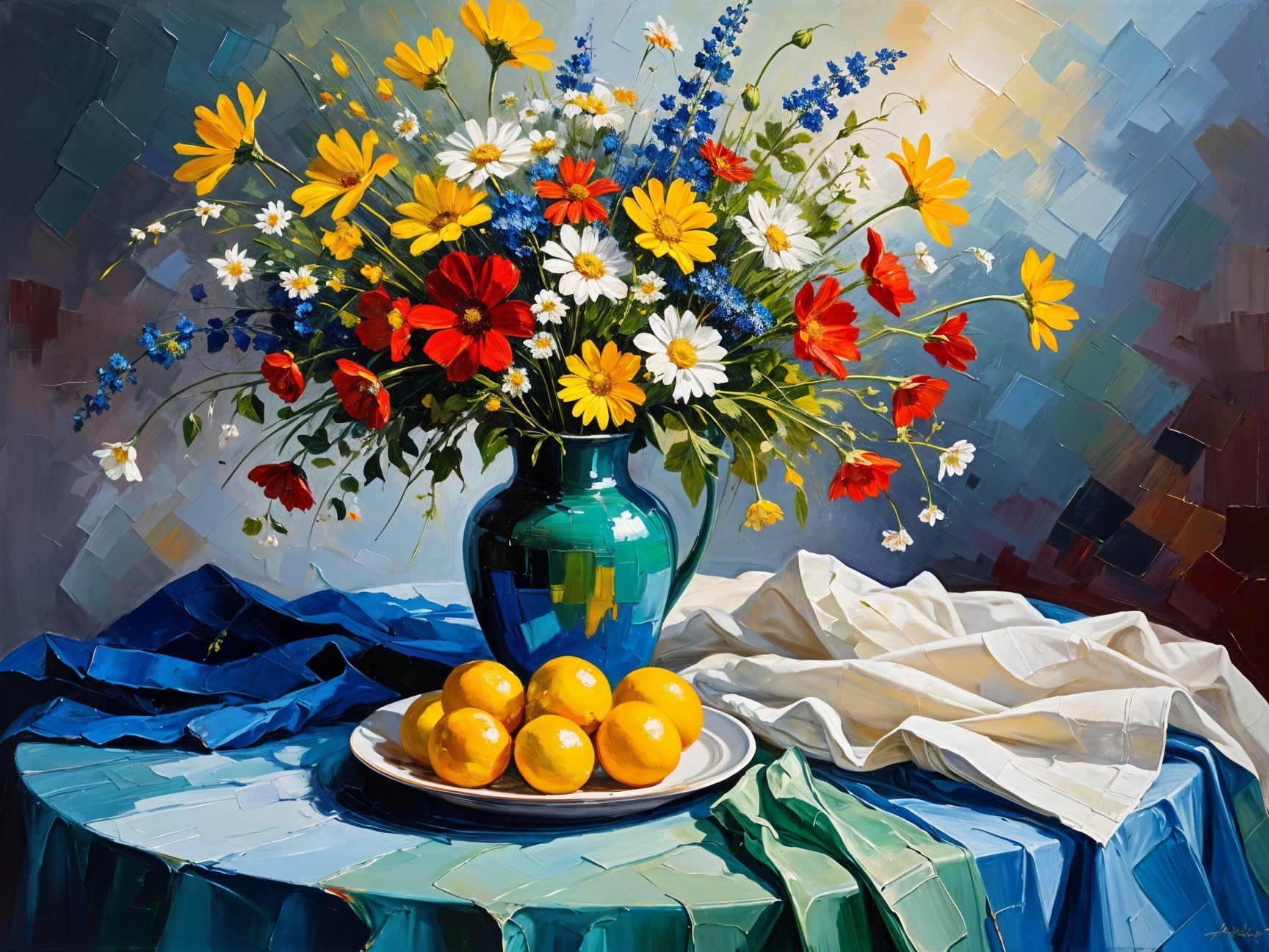 Vibrant Still Life of Wildflowers and Oranges