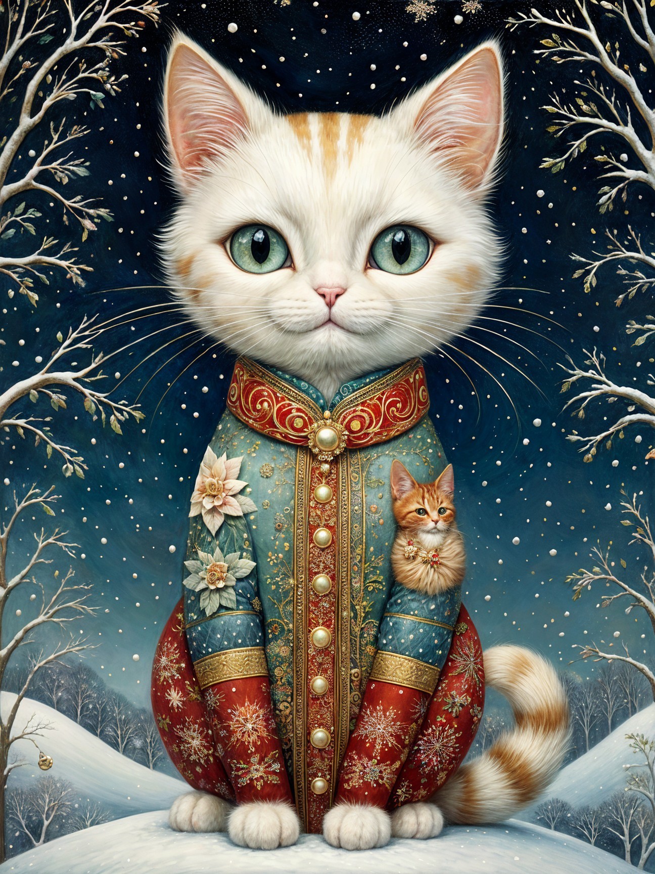 Whimsical Winter Scene with Elegant Cat and Kitten