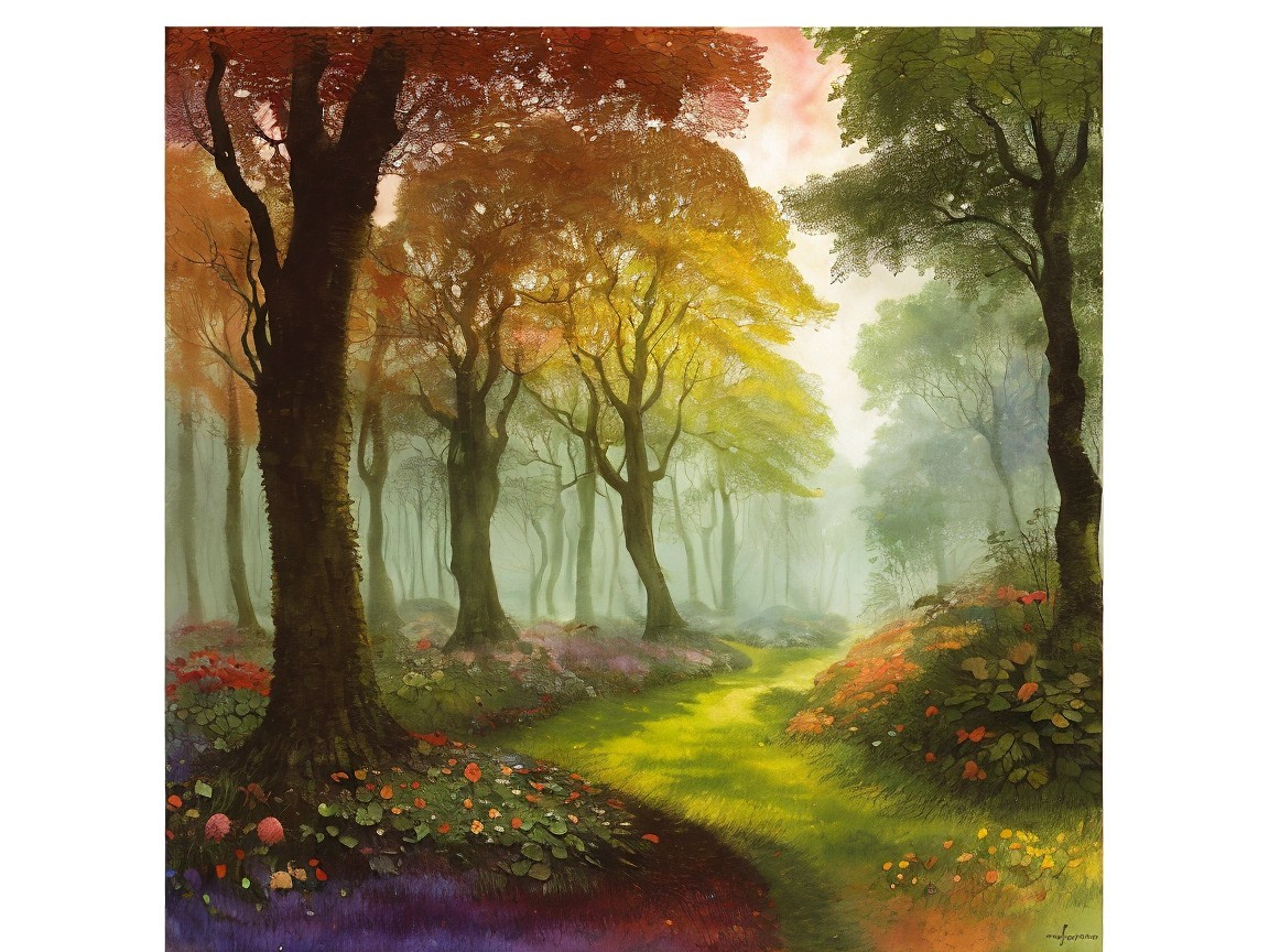 Serene forest scene with autumn leaves and mist