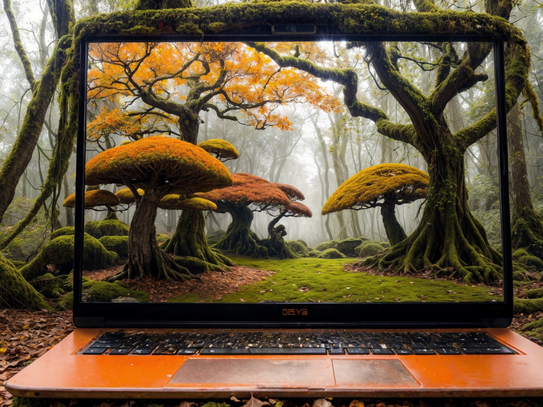 Surreal Scene of Laptop in Vibrant Forest Setting