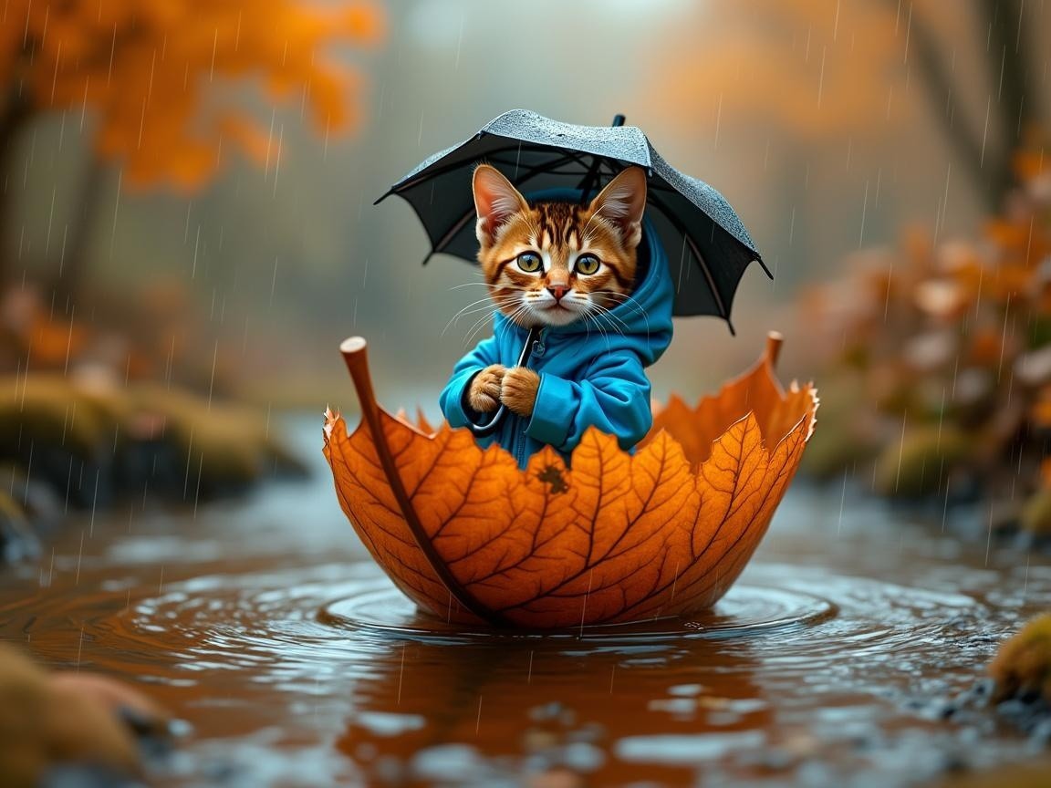 Cat in Blue Hoodie Sitting in Orange Leaf Umbrella