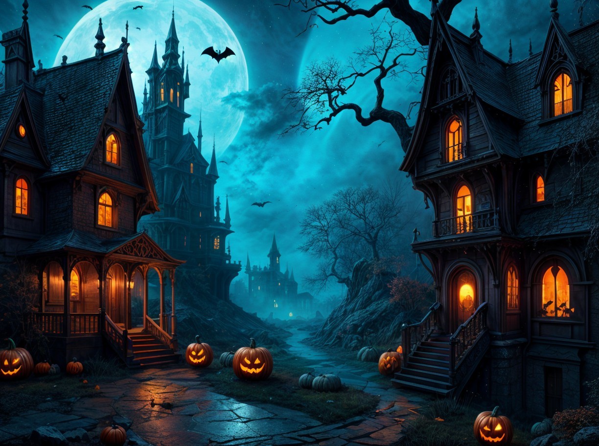 Eerie Victorian Halloween Scene with Jack-o'-Lanterns
