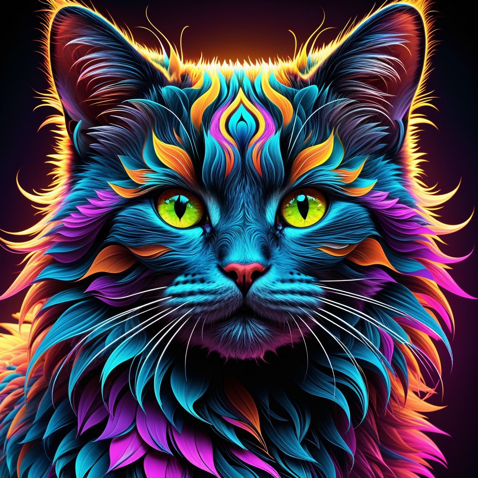 Surreal Cat with Colorful Flowing Mane and Green Eyes