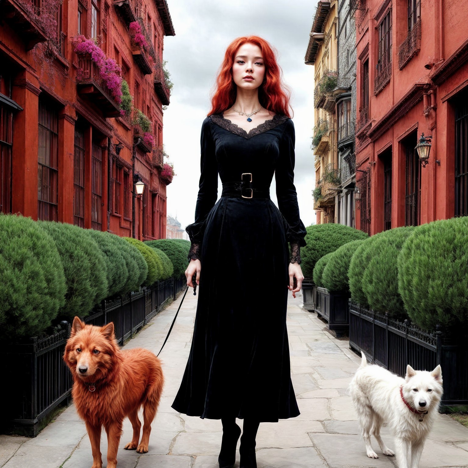 Woman with Red Hair in Black Dress with Dogs in Street