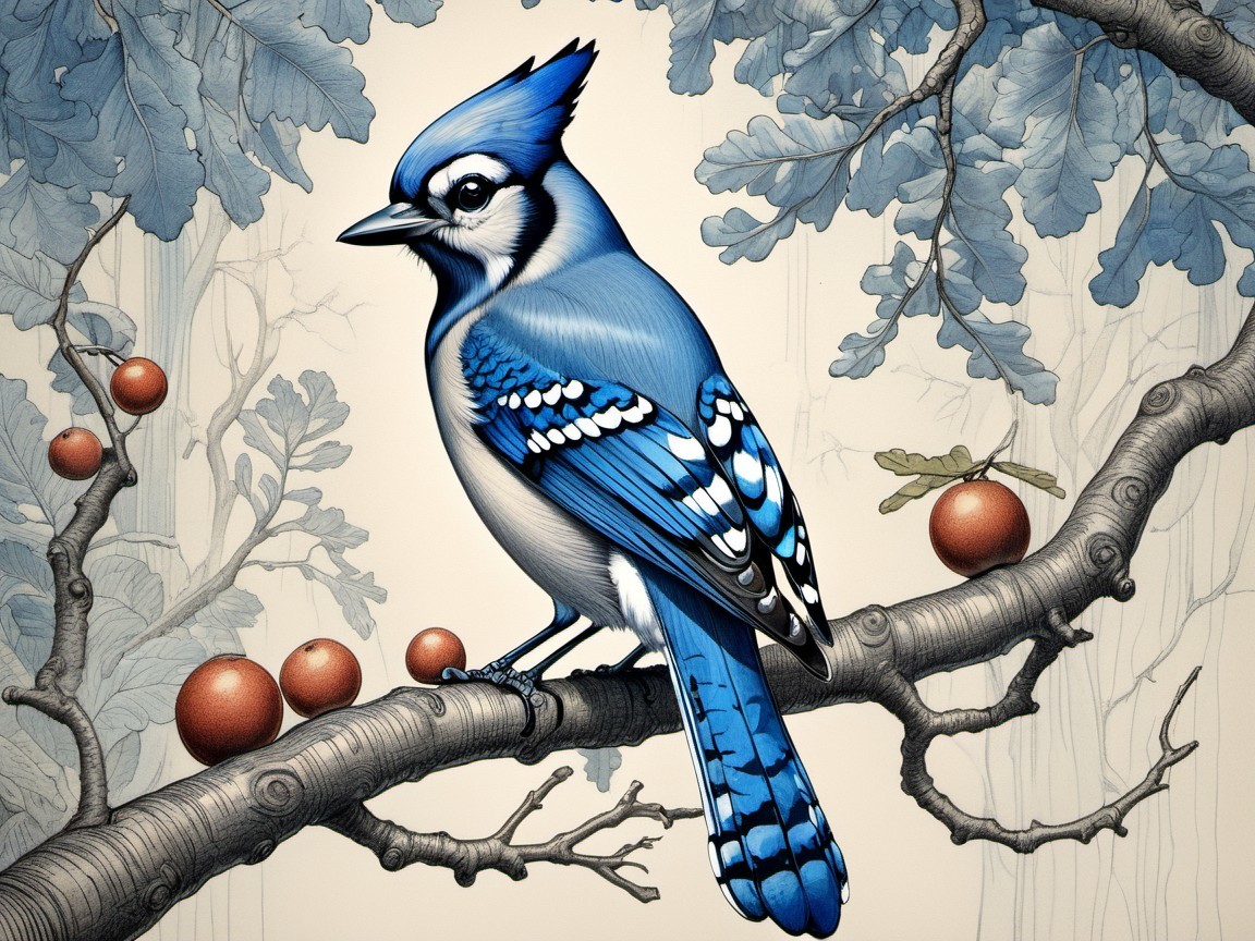 Vibrant Blue Jay on Branch with Lush Foliage and Acorns