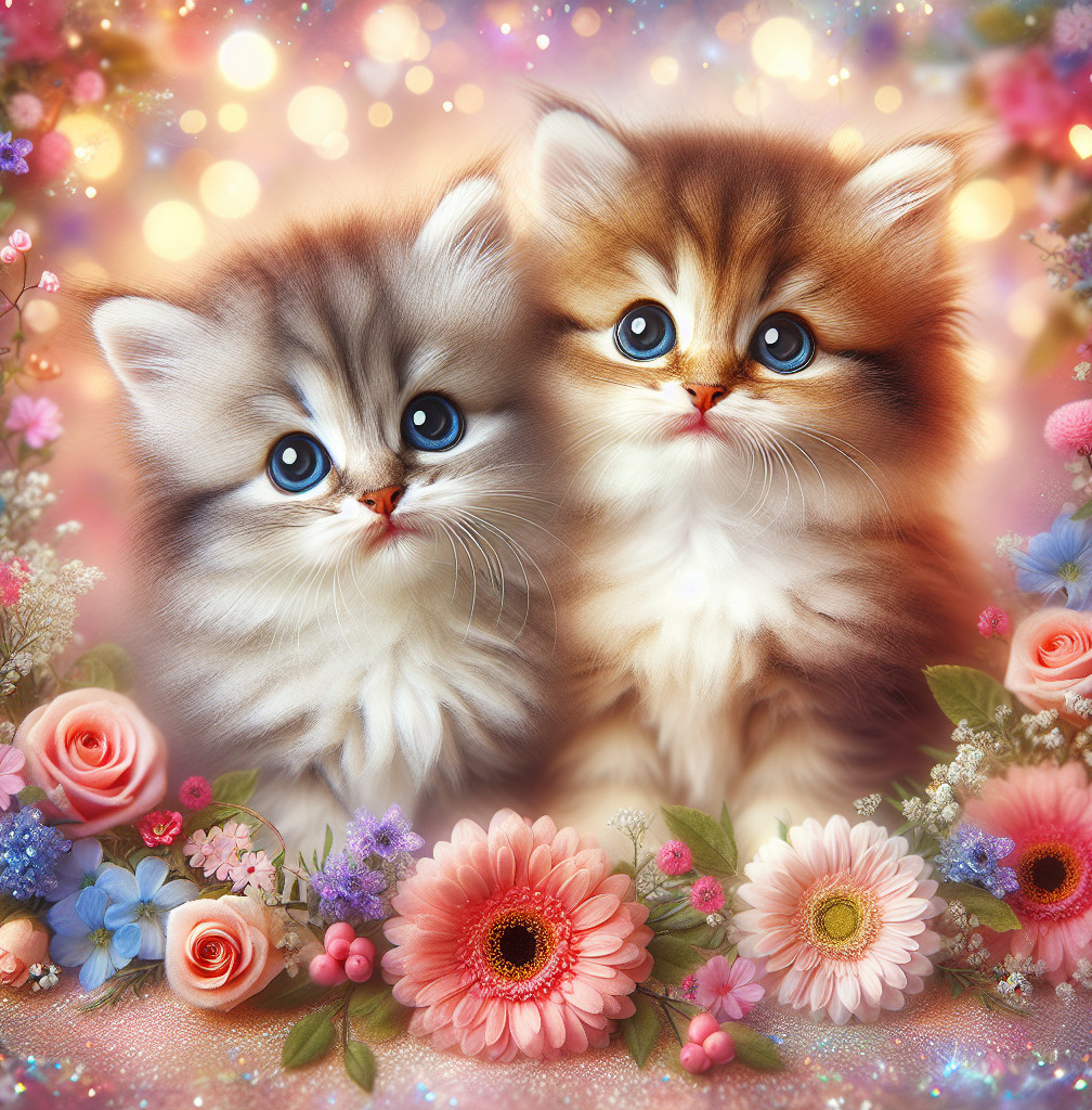 Kittens Surrounded by Pastel Flowers in Cheerful Scene