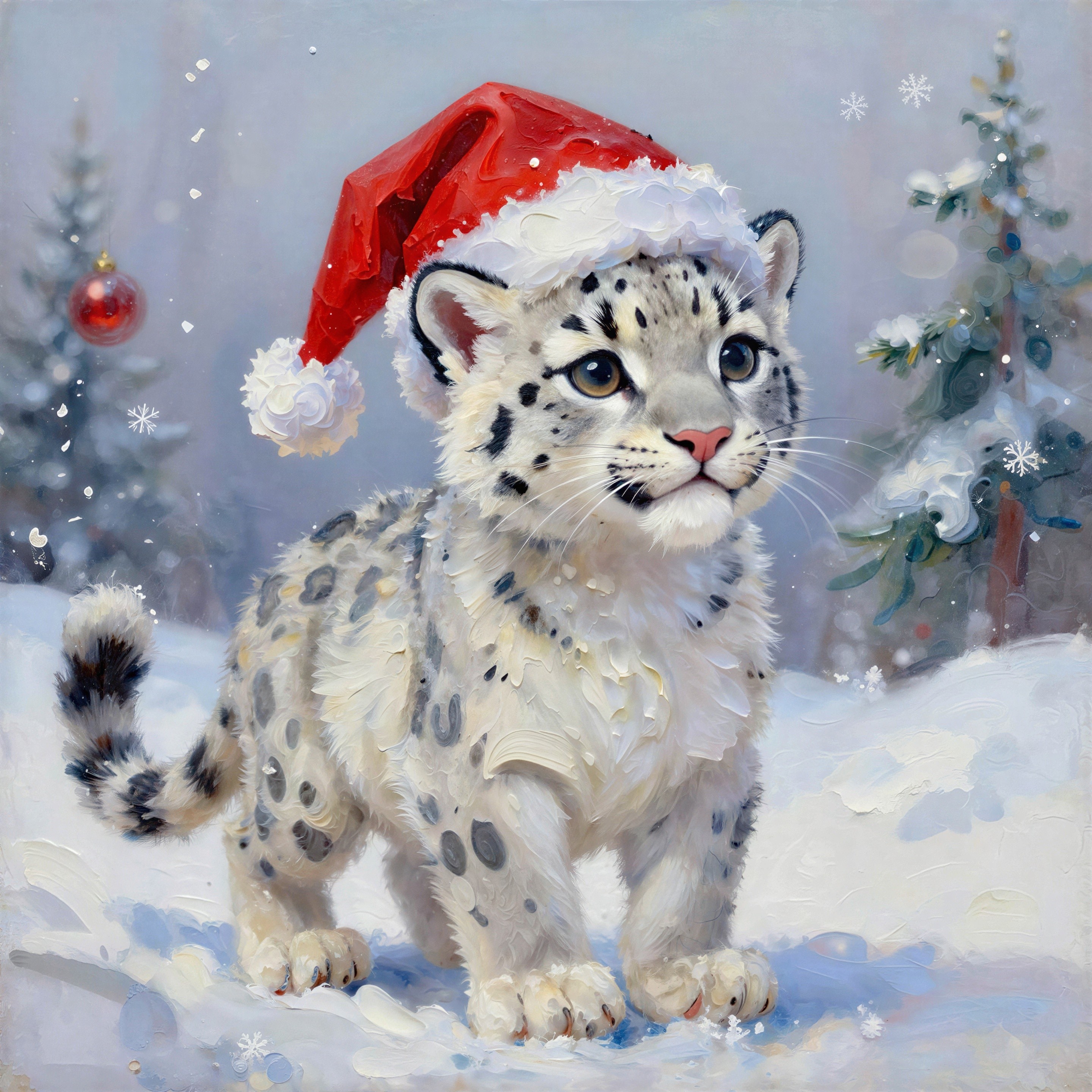 Baby Snow Leopard in Santa Hat in Snowy Forest Scene